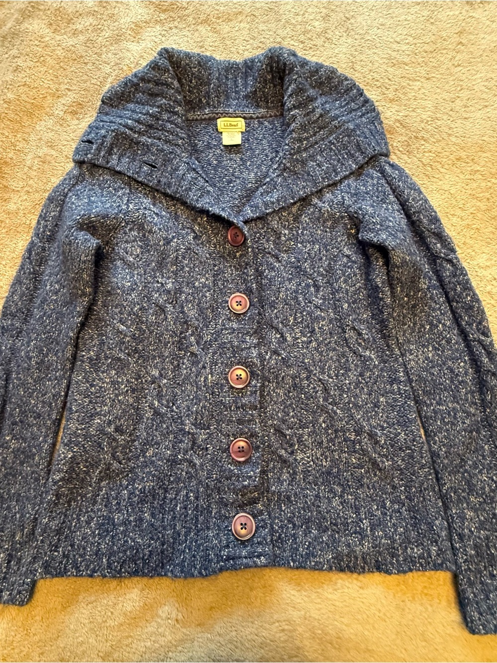 L.L. Bean Womens S Blue Gray Cable-Knit Collared Button Front Cardigan Wool.